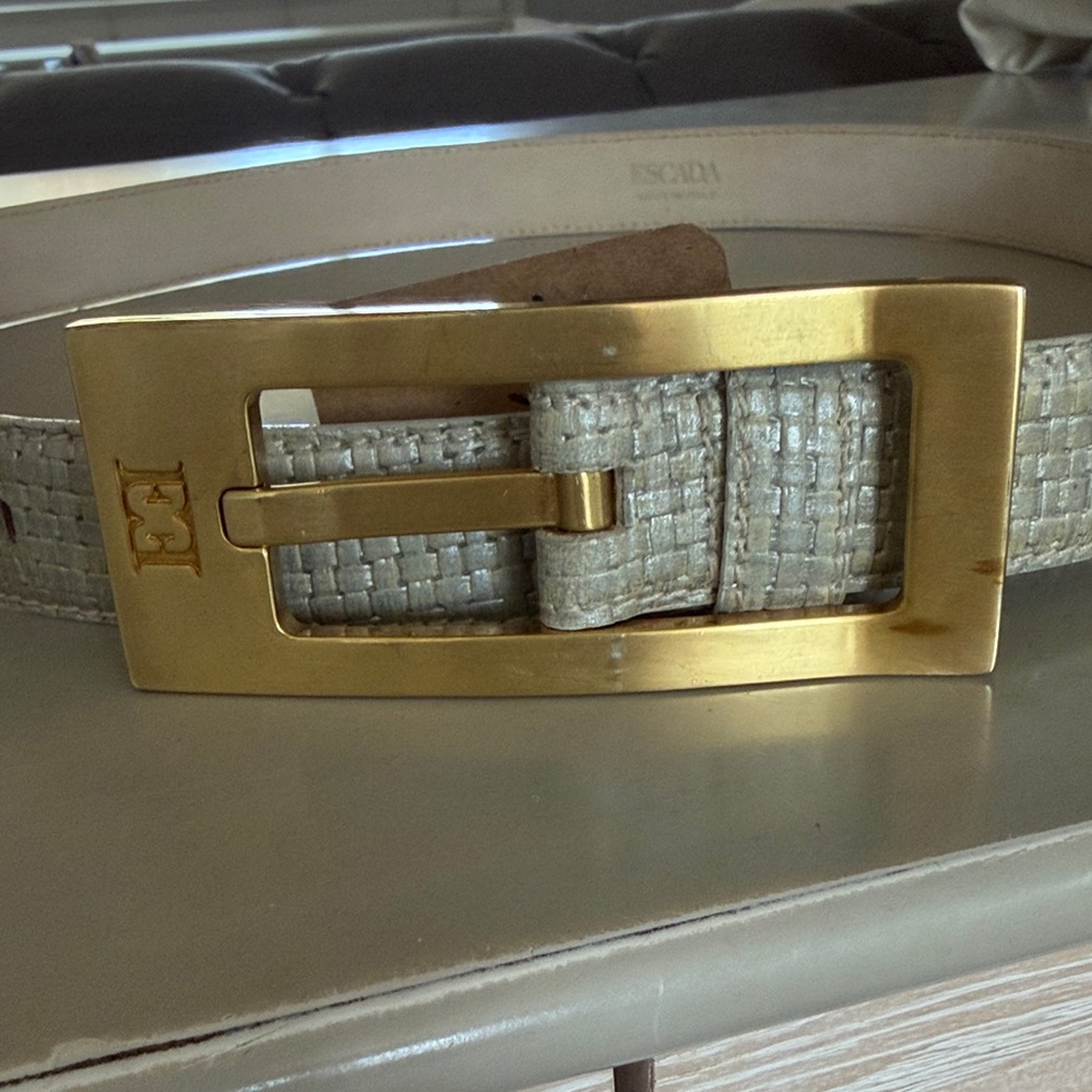 Escada Ivory Textured Leather Belt with Gold Rectangular Buckle small mark